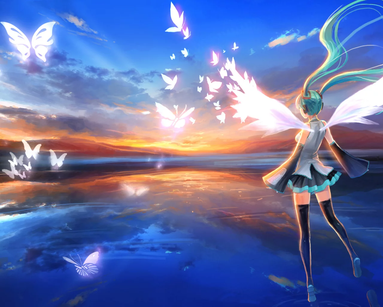 наушники, vocaloid, крылья, голубые волосы, hatsune miku, девушка