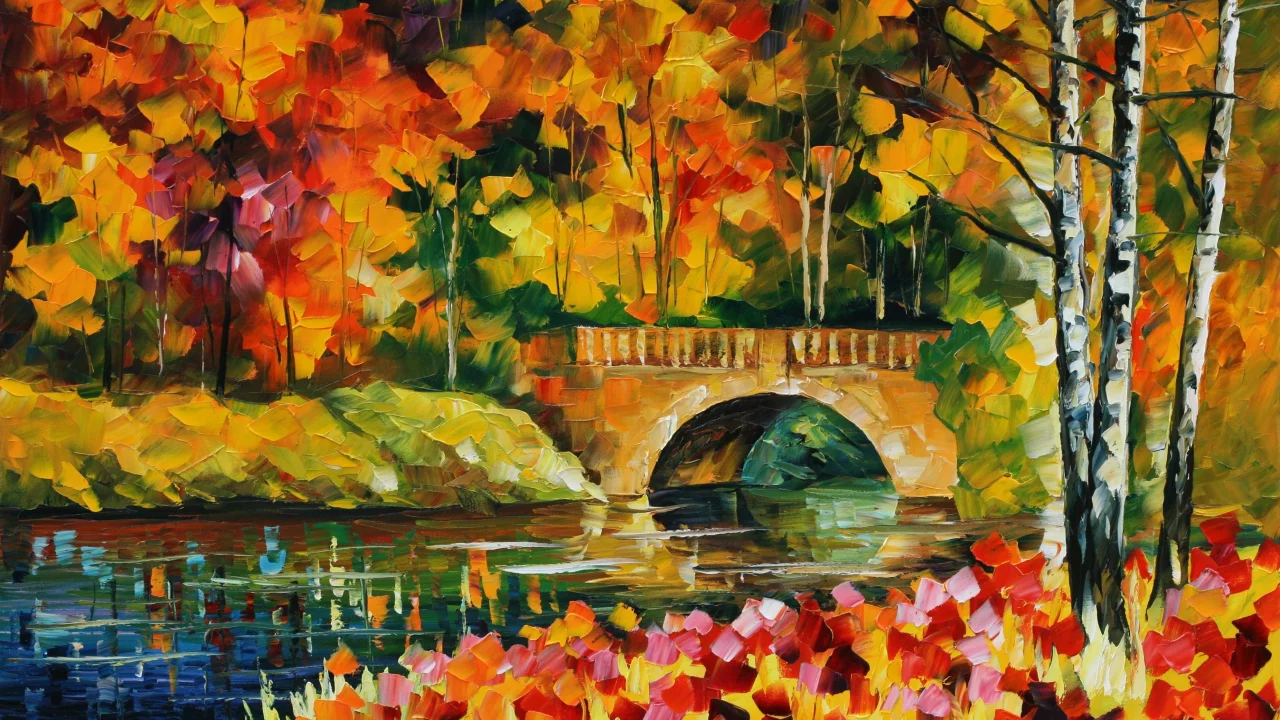 мост, живопись, деревья, листья, речка, вода, leonid afremov