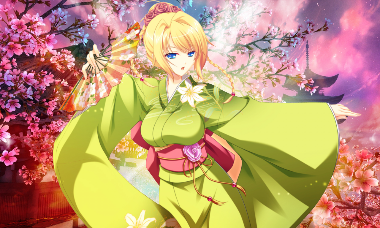 аниме, девушка, блондинка, кимоно, девушка в кимоно, голубые глаза, сакура, цветение сакуры, лилия