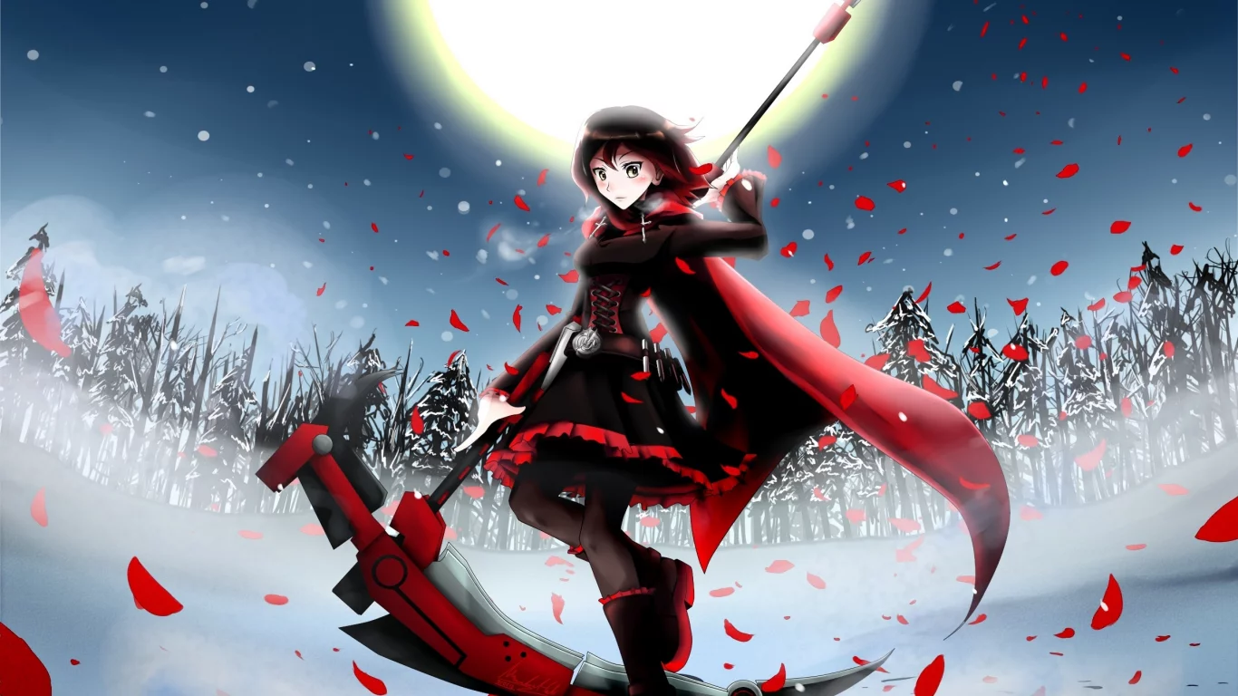 арт, rwby, деревья, девушка, ruby, коса, ssgt-lulz, оружие, снег