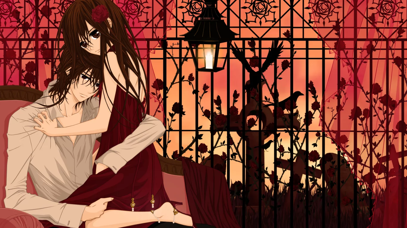 Vampire knight, Канамэ Куран, Юки Кросс, парень, девушка, длинные волосы, большие глаза, брат с сестрой, бардовое платье, фонарь, роза, розы, объятие, кресло, забор, кладбище, птица, ворон, рубашка, карие глаза, каштановые волосы, крест