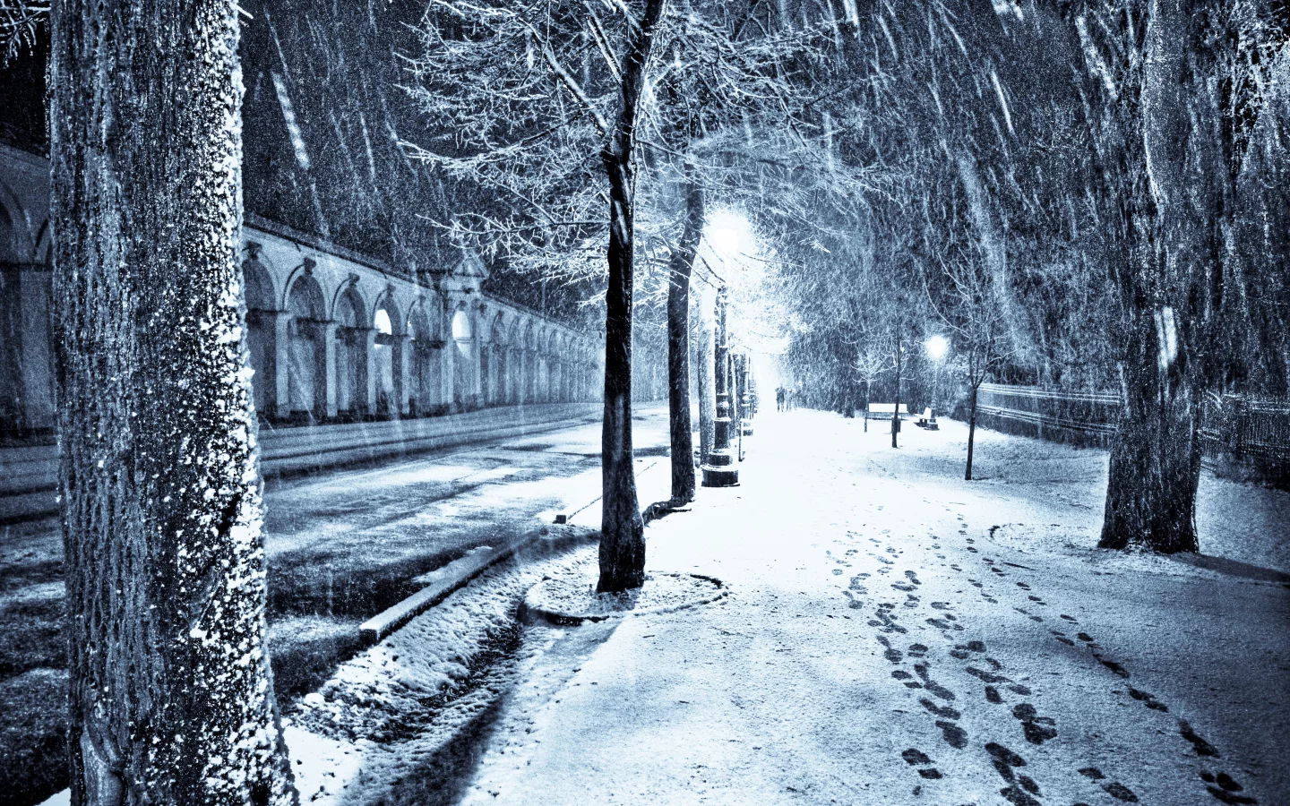 ночь, город, снег, улица, фонари, алейка