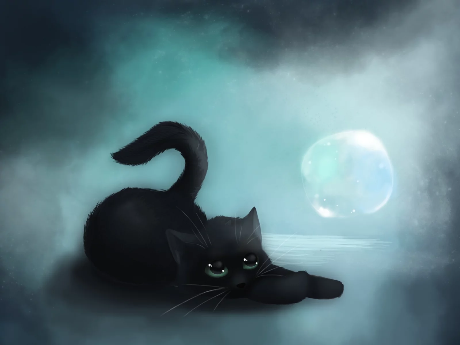 кошка, арт, лежа, черная, vanillakeyblade, пузырь