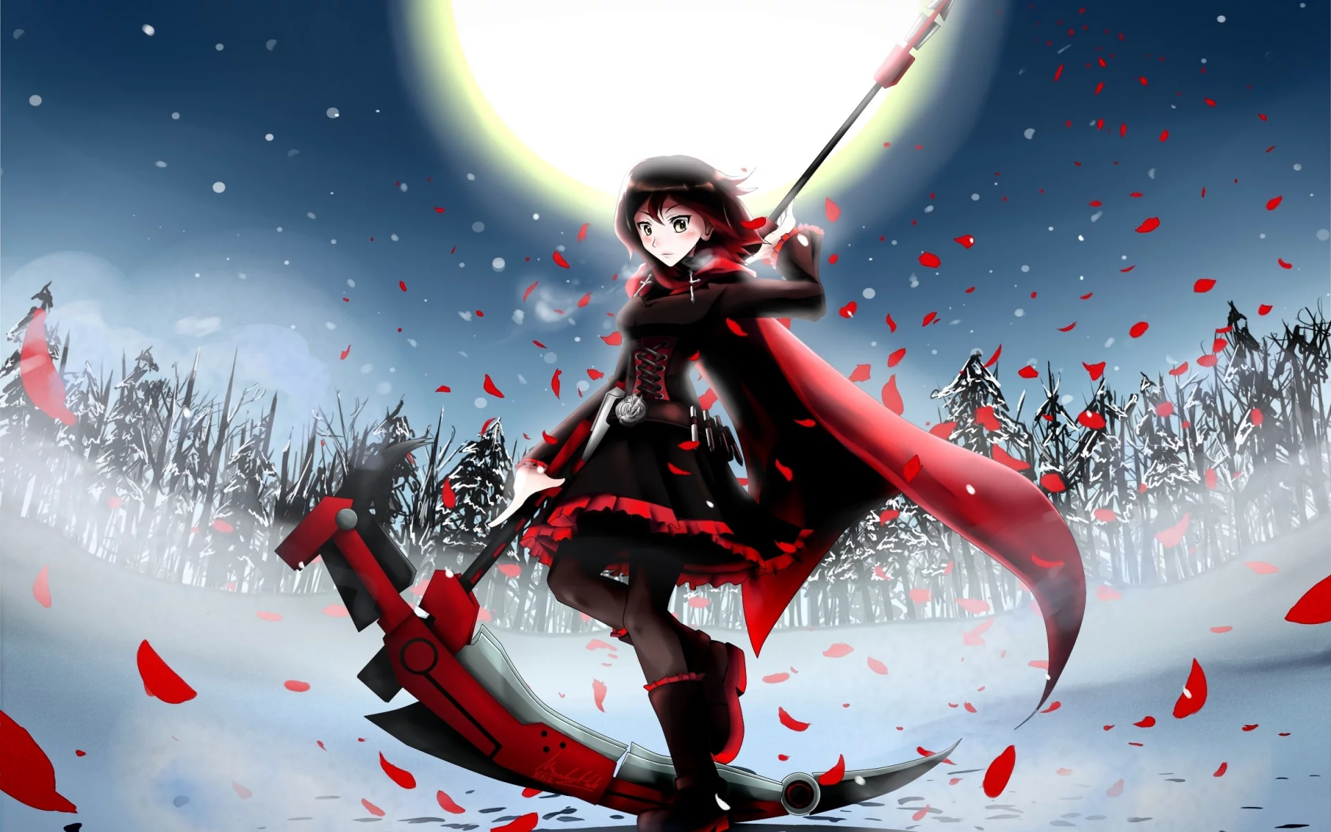 арт, rwby, деревья, девушка, ruby, коса, ssgt-lulz, оружие, снег