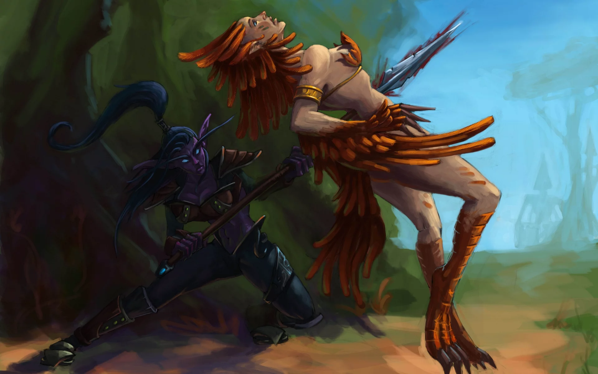 копье, лес, wow, девушка, эльфийка, world of warcraft, арт, night elf