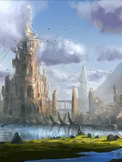 мост, город, арт, вода, башня, горы, фантастический мир