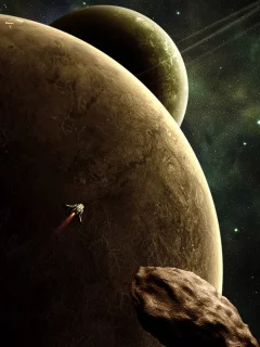 планета, корабль, метеориты