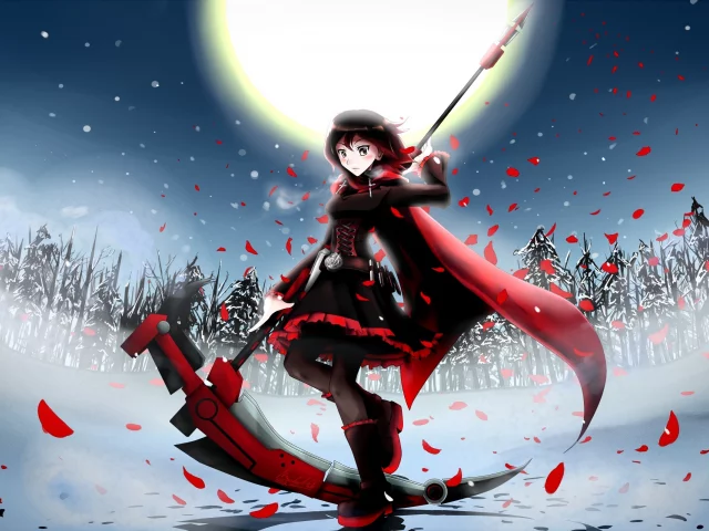 арт, rwby, деревья, девушка, ruby, коса, ssgt-lulz, оружие, снег