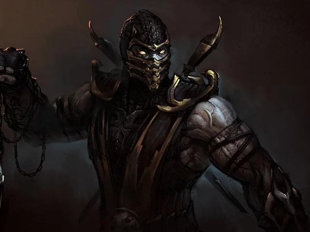 mortal kombat, цепь, друщие, арт, нож, scorpion, маска