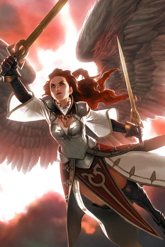 крылья, облака, magic the gathering, доспехи, свет, мечи, девушка