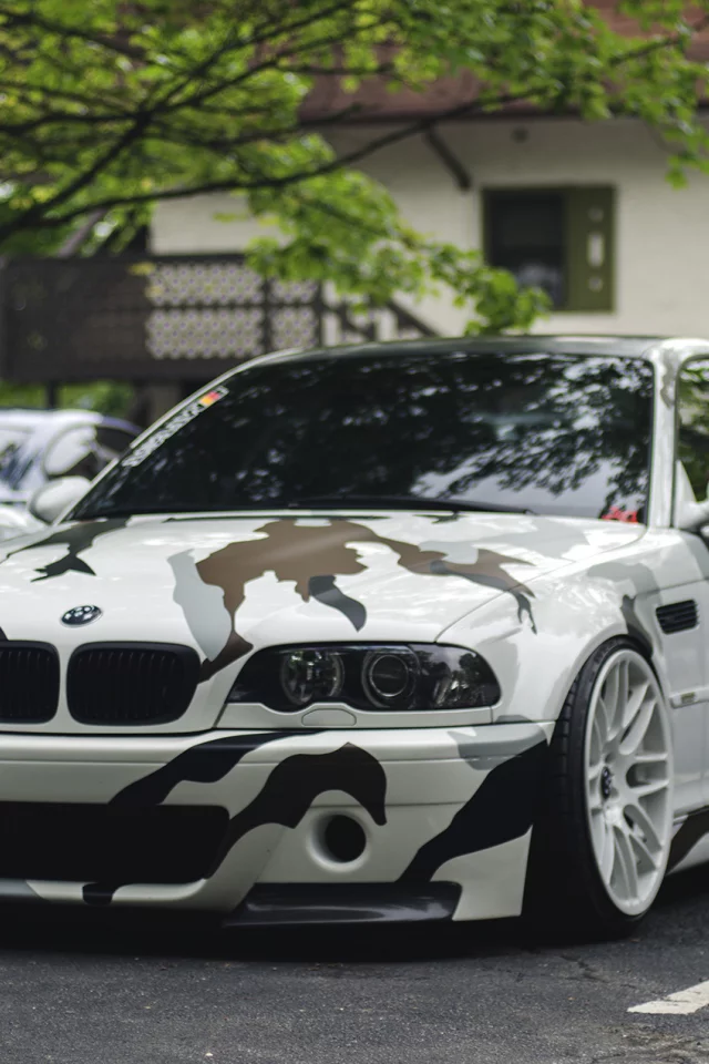 белая, камуфляж, диски, bmw m3, stance, тюнинг