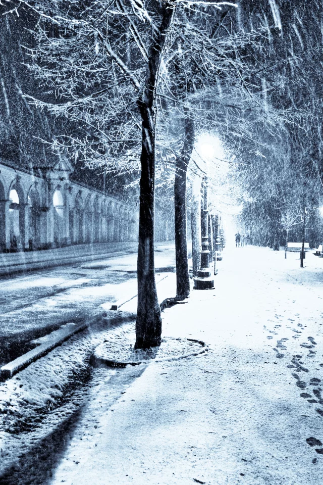 ночь, город, снег, улица, фонари, алейка