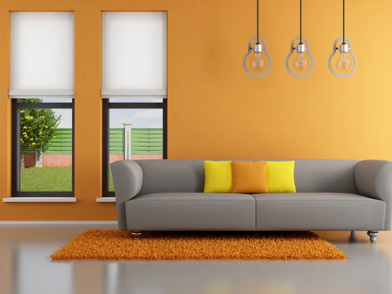 minimalist , stylish design, living room , pillows, window, orange, couch, interior