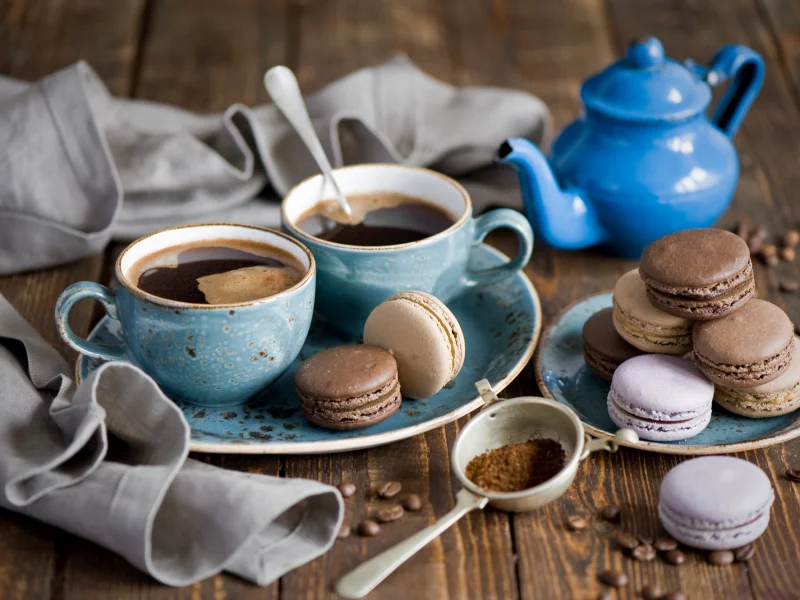 зерна, кофе, десерт, macaron, ассорти, печенье, макарун