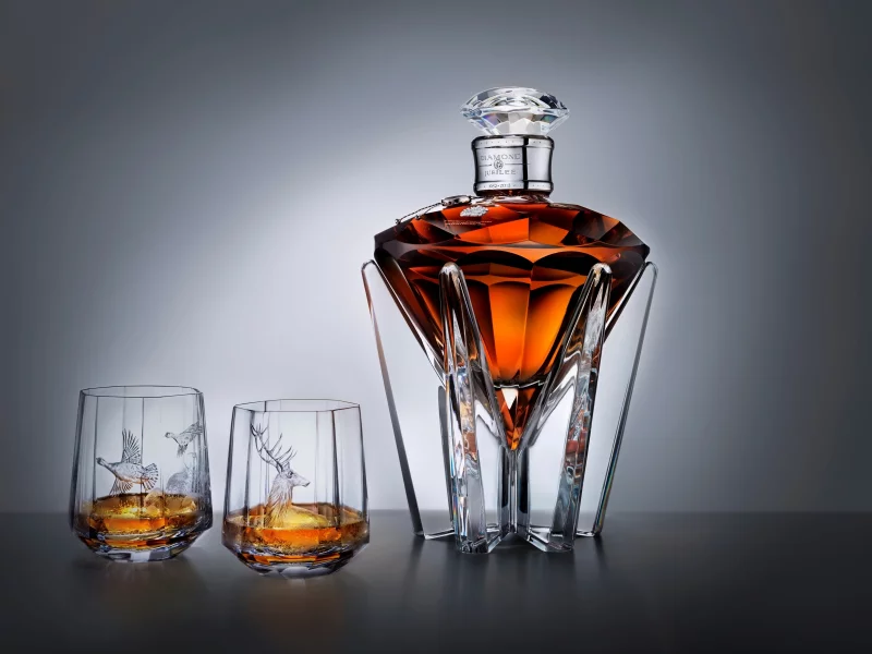 fine vessels of glass, ducks, deer, glass bottle, diamond, johnnie walker whiskey, table