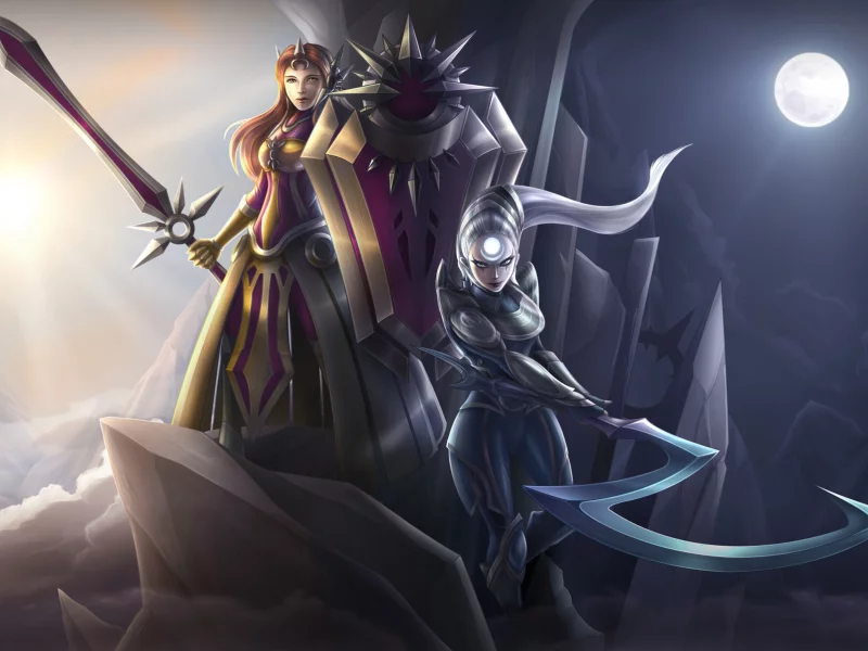 девушки, diana, меч, league of legends, оружие, leona, арт, коса, луна