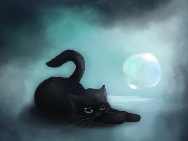 кошка, арт, лежа, черная, vanillakeyblade, пузырь