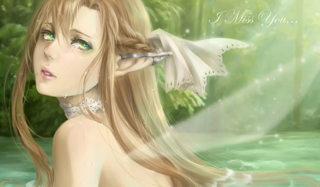 вода, yuuki asuna, девушка, лес, уши, арт, sword art online