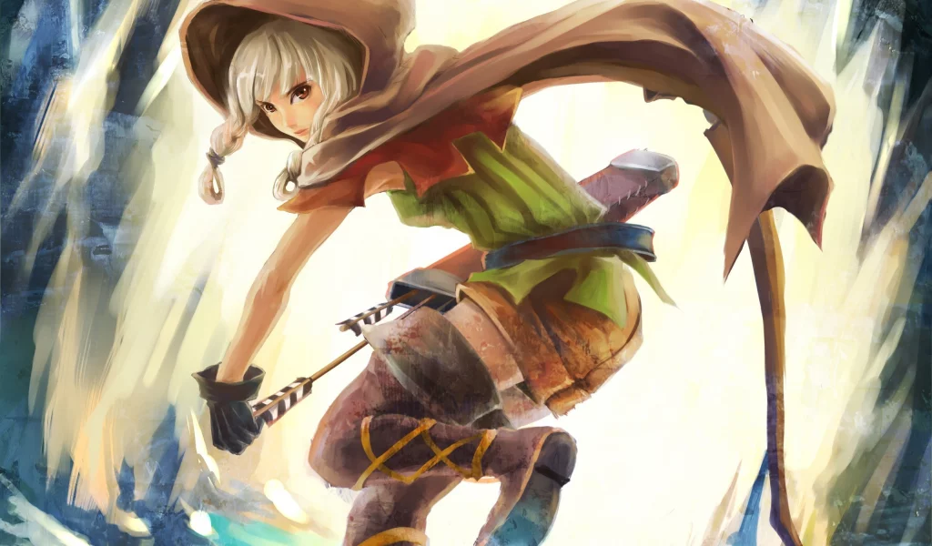 капюшон, dragon`s crown, стрелы, лук, колчан, плащ, девушка