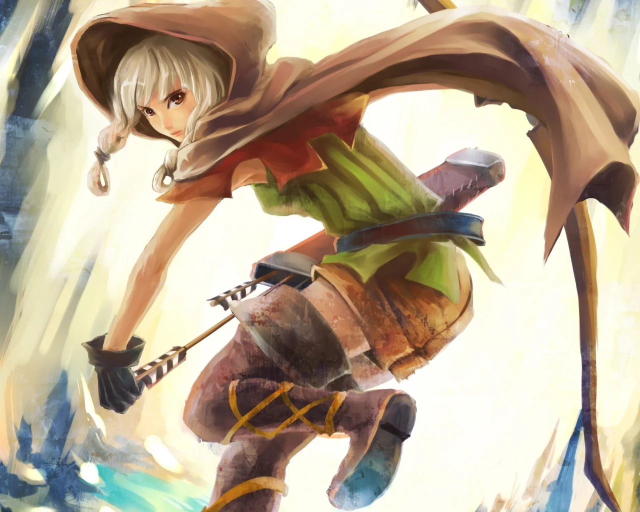 капюшон, dragon`s crown, стрелы, лук, колчан, плащ, девушка
