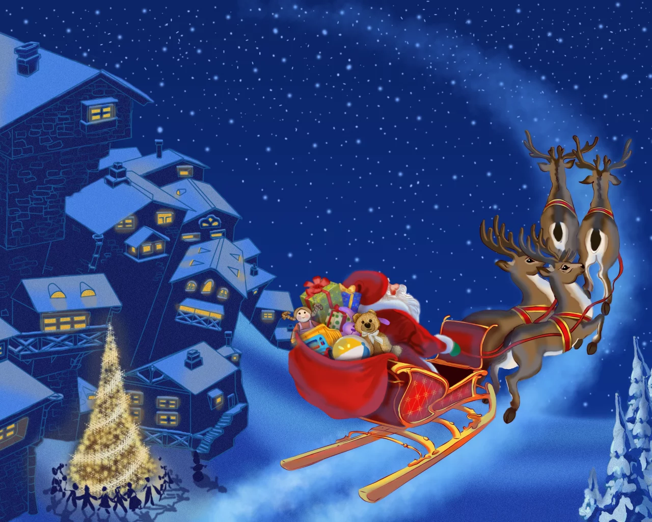 merry christmas, reindeer, christmas tree, new year, snow, santa claus is coming , town