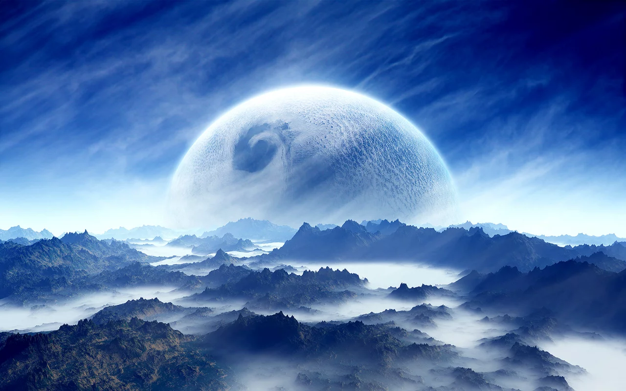 white, sci fi, blue, planet, sky, cloud, mountain, landscape