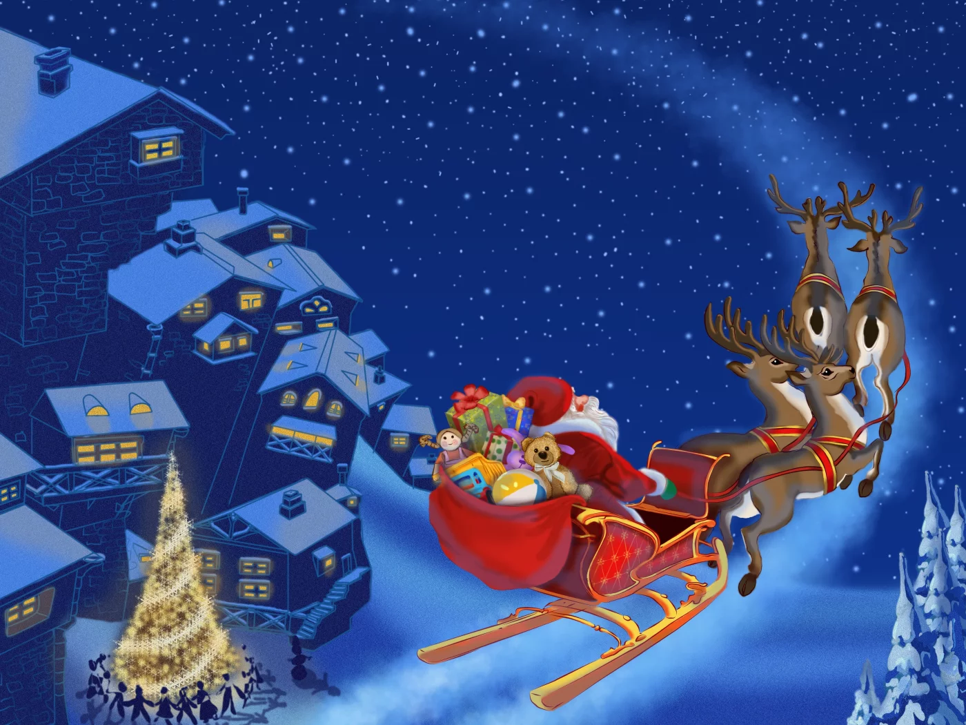 merry christmas, reindeer, christmas tree, new year, snow, santa claus is coming , town