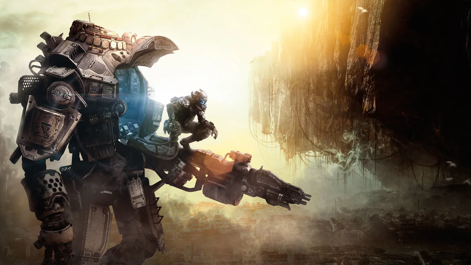 город, меха, кабина, робот, titanfall, солдат, оружие, пушка