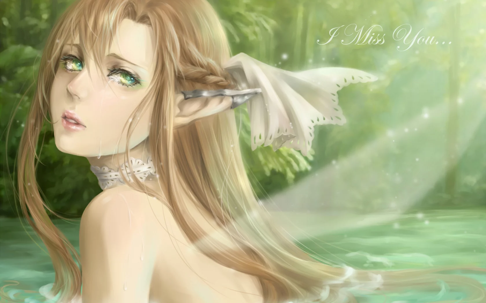 вода, yuuki asuna, девушка, лес, уши, арт, sword art online