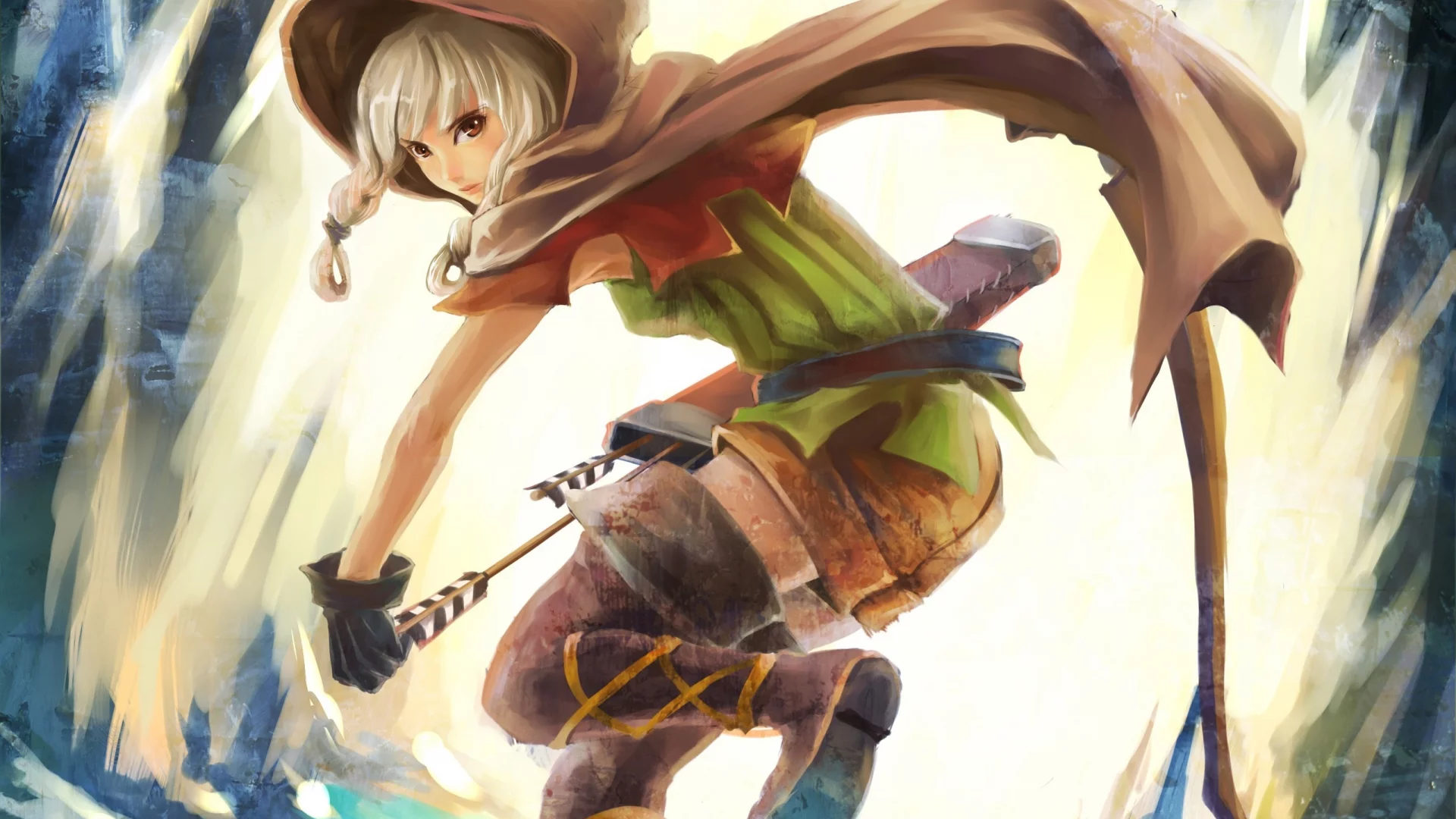 капюшон, dragon`s crown, стрелы, лук, колчан, плащ, девушка