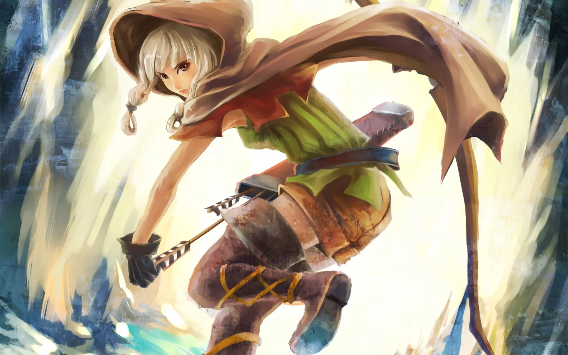 капюшон, dragon`s crown, стрелы, лук, колчан, плащ, девушка