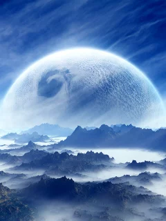 white, sci fi, blue, planet, sky, cloud, mountain, landscape