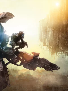 город, меха, кабина, робот, titanfall, солдат, оружие, пушка
