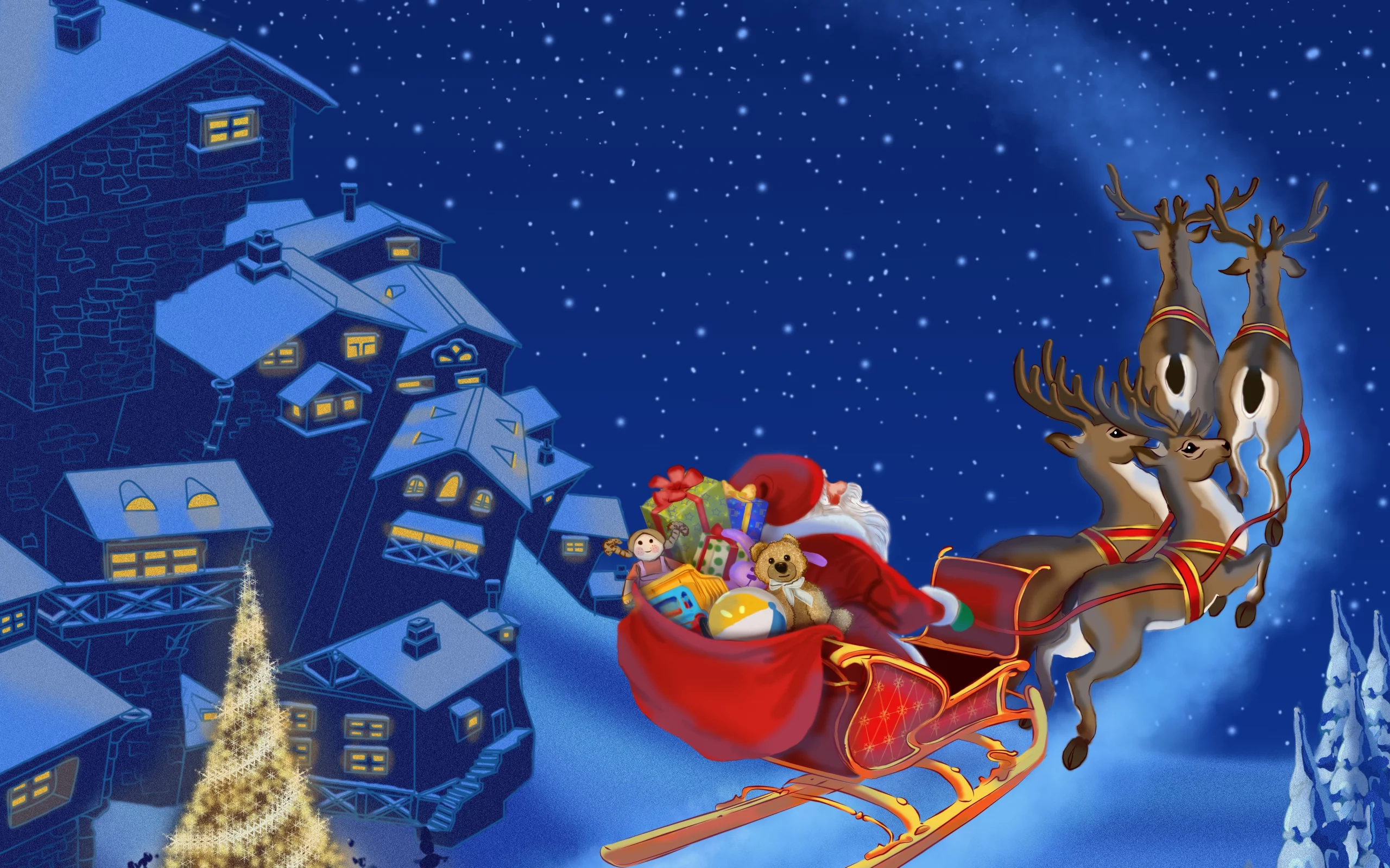 merry christmas, reindeer, christmas tree, new year, snow, santa claus is coming , town
