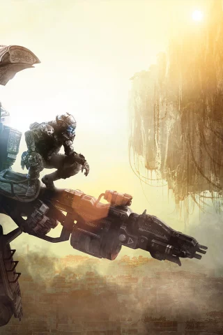 город, меха, кабина, робот, titanfall, солдат, оружие, пушка