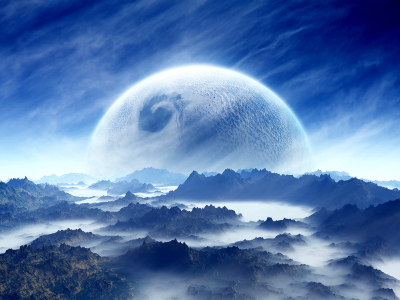 white, sci fi, blue, planet, sky, cloud, mountain, landscape
