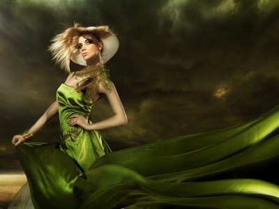 green dress, fashionable girl, feathers, elegant hairstyle, makeup, hat
