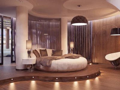 спальня, bedroom, кресло, стиль, interior, кровать, лампы
