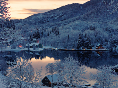 дома, финляндия, закат, пейзажи, озеро, зима, снег