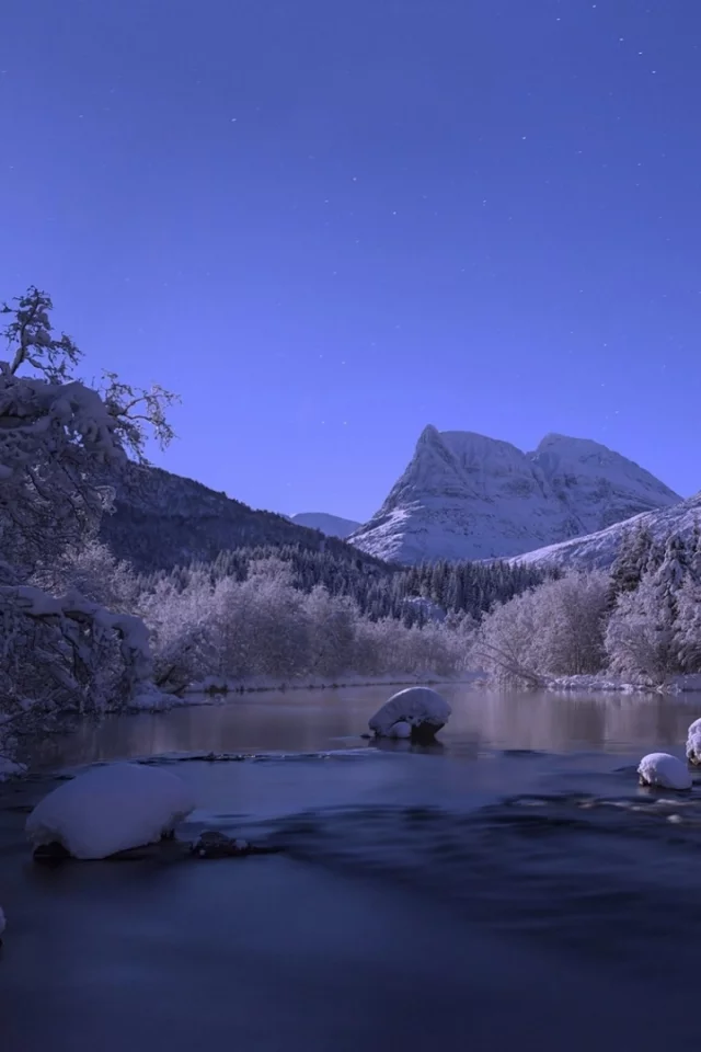 река, зима, горы, norway, снег, норвегия, деревья