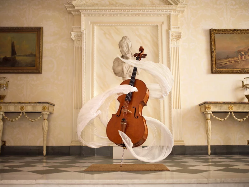 scarf, spirit, bright, surreal, instrument, cello, statue, music