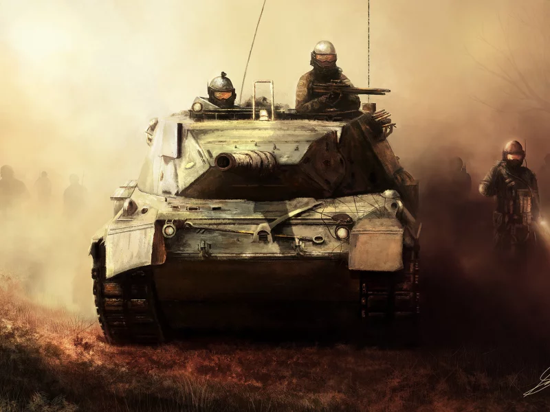 оружие, арт, туман, военные, танк, invasion, солдаты