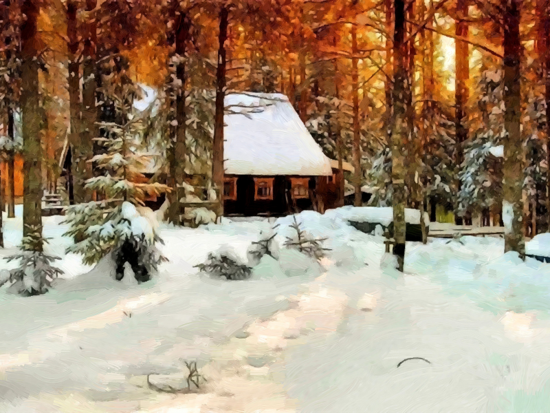 холст, дом, масло, картина, снег, зима, лес, деревья