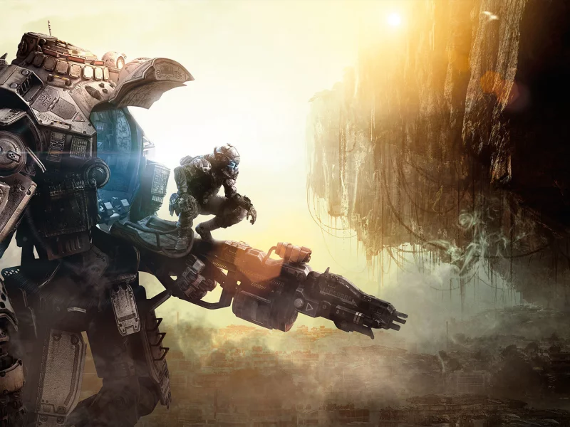город, меха, кабина, робот, titanfall, солдат, оружие, пушка