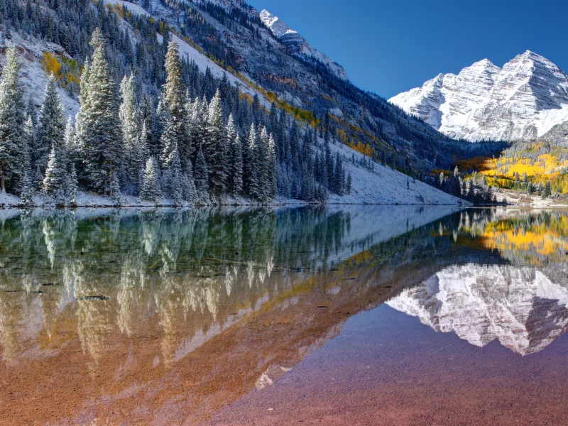 камны, озеро, горы, отражение, лес, Марун-Беллс, Колорадо, Maroon lake, USA, Colorado, Maroon bells