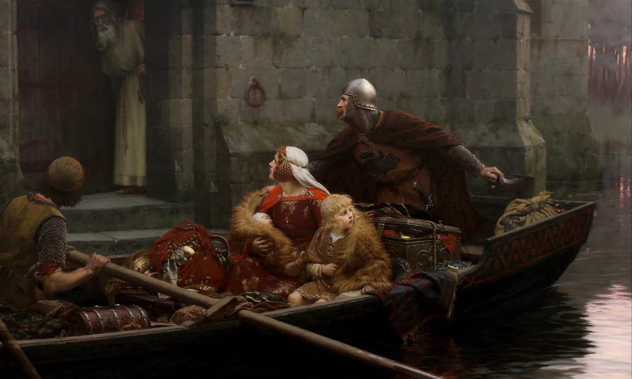 romanticism, edmund blair leighton, in time of peril, middle ages, pre-raphaelite, english painter