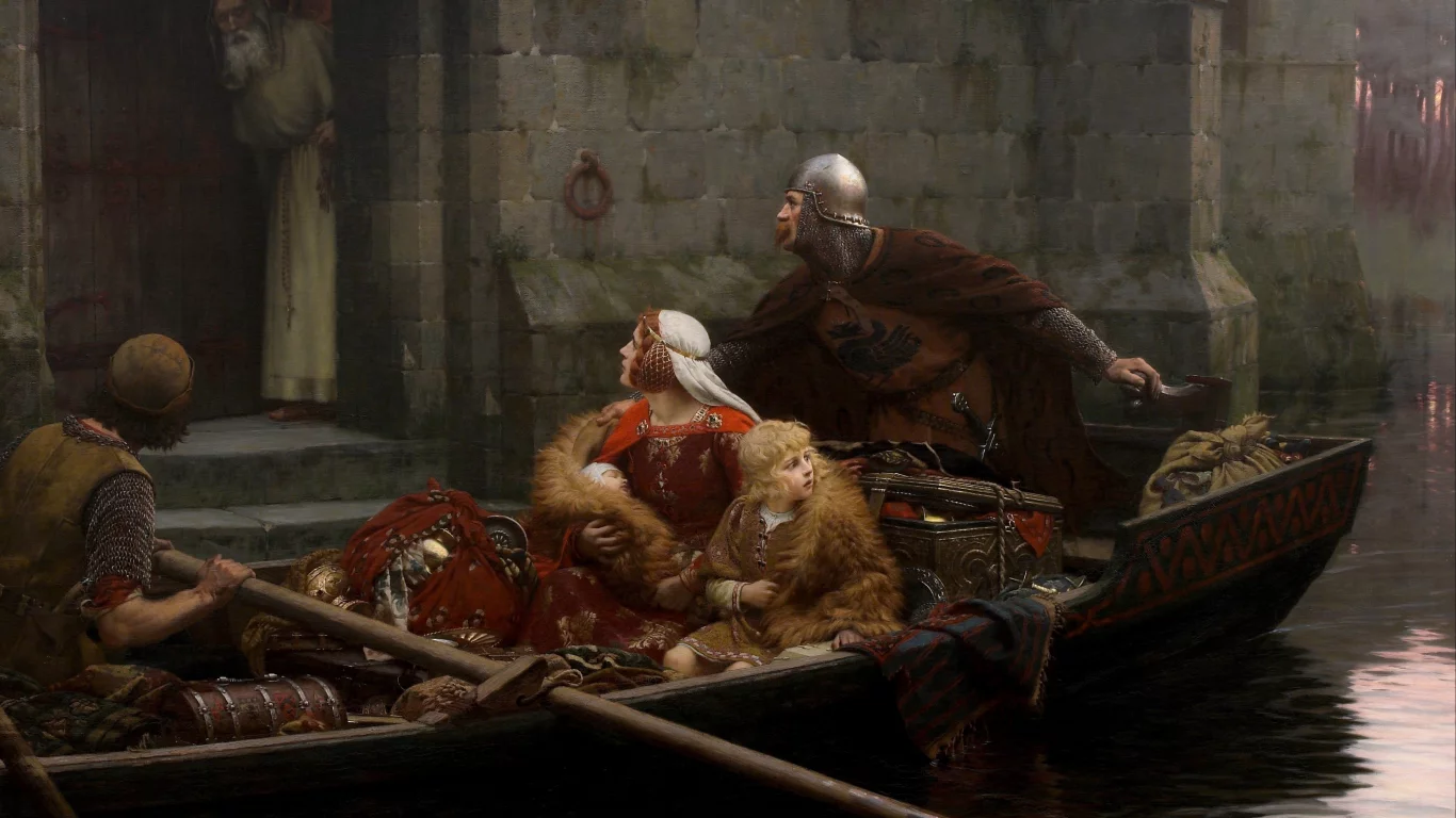 romanticism, edmund blair leighton, in time of peril, middle ages, pre-raphaelite, english painter