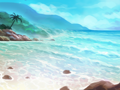 лето, пальмы, арт, море, нарисованный пейзаж, остров
