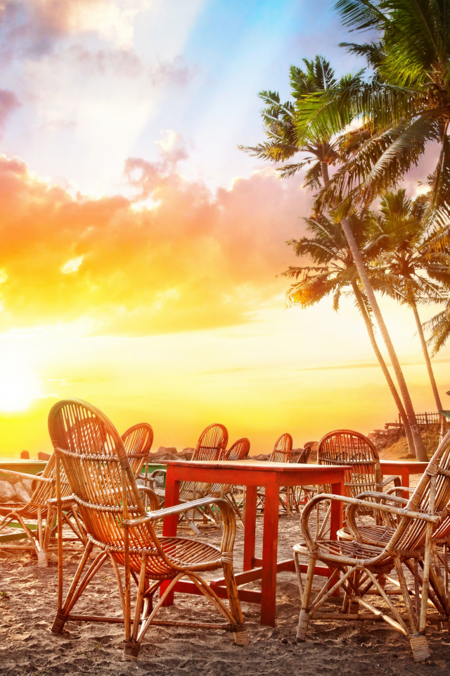 cafe , ocean, coastline , tropical , india, landscape, palms, beautiful , chairs, sea, sunset 