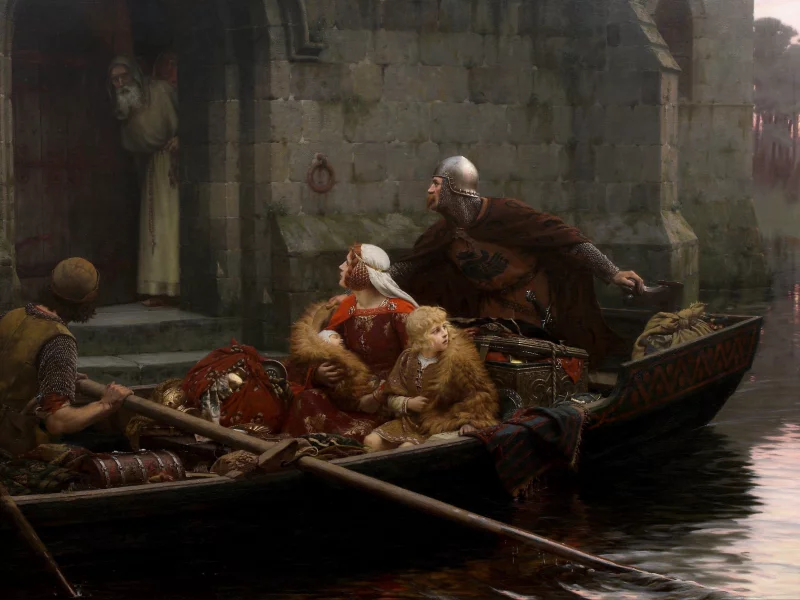 romanticism, edmund blair leighton, in time of peril, middle ages, pre-raphaelite, english painter